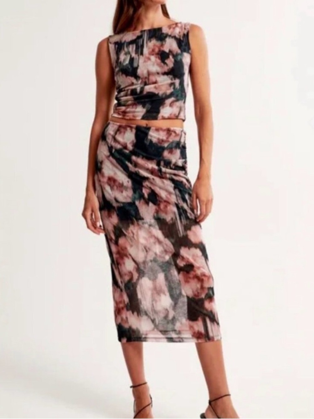 Abercrombie Mesh Midi Skirt Set in Blush and Black - Picture 1 of 4